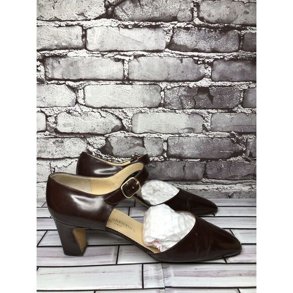 Silvia Florentina Brown Patent Leather Mary Jane Strap Heels Women Sz 9M US/40EU - Picture 3 of 16